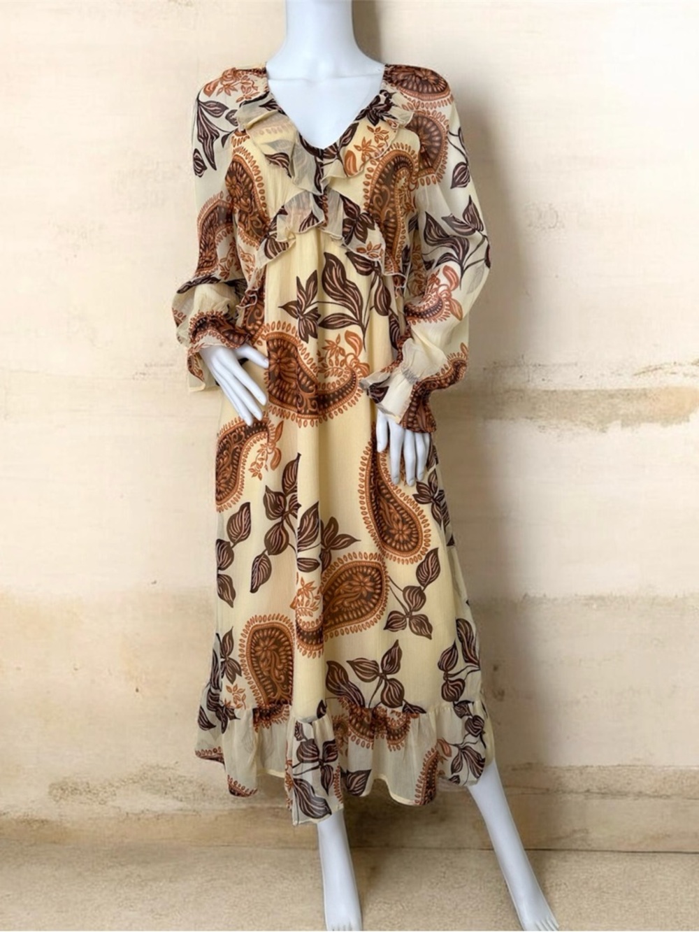 Patrons of Peace Cream Maxi Dress with Brown Paisley Print